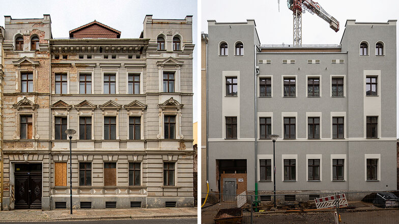 Zweimal dasselbe Haus: Die Salomonstraße 14 in Görlitz vor der Sanierung (links) und danach.