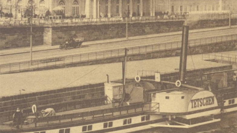 Dieser alte Postkartenausschnitt zeigt die "Tetschen" vor dem Italienischen Dörfchen in Dresden.