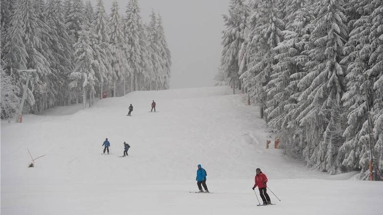 Ski- und Snowboarder fahren  in Altenberg den Raupennesthang hinunter.