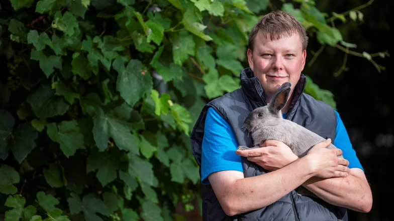 Der Vorsitzende des Rassekaninchen- und Zuchtvereins Weinböhla, Kevin Munzig, hält ein im April dieses Jahres geborenes blaues Marder-Kaninchen.