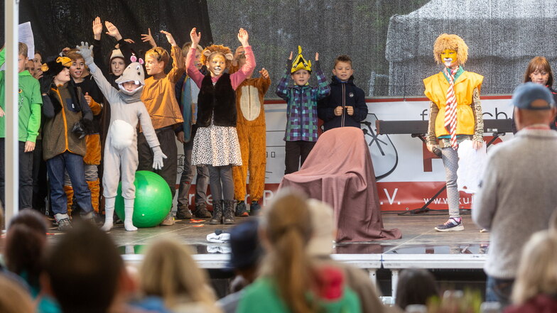 Die Viertklässler der Grundschule Pesterwitz begeisterten die Besucher mit der Geschichte vom Löwen, der nicht schreiben konnte. Sie spielten auf der großen Bühne.