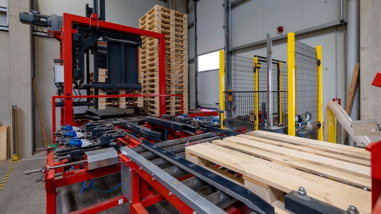 Blick in die Palosa-Produktionsstätte in Pirna: Die Maschine schafft bis zu 10.000 neue Europaletten in der Woche.