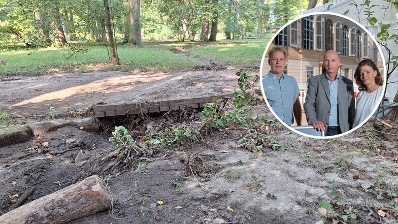 Der Wasserzulauf zum Teich im Englischen Garten wird teils von Ästen und Schlamm blockiert.: Tilman Gebhardt vom Schlösserland  Sachsen sowie Jörg Scholich und Katrin Gorka vom Staatsbetrieb Immobilien- und Baumanagement begutachten die Schäden.