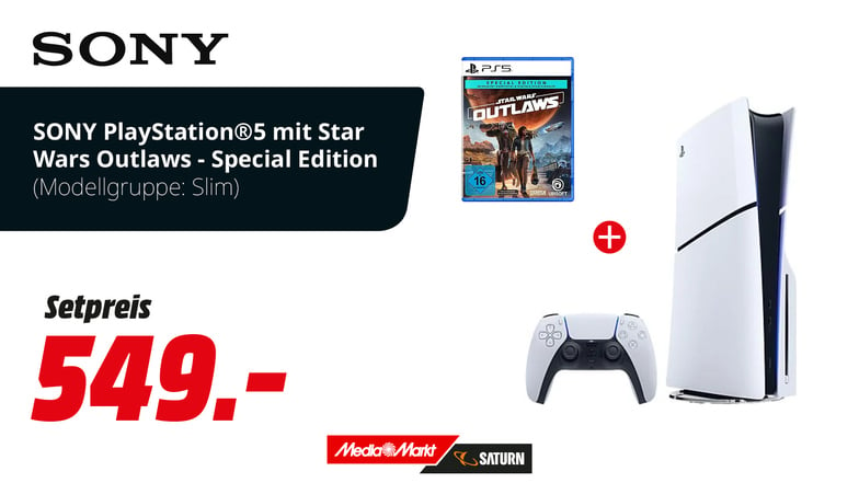 Gamers aufgepasst! Die Sony PlayStation 5 Slim ist endlich da und bringt dir Gaming der nächsten Generation. Und das Beste: Mit der "Star Wars Outlaws Special Edition" kannst du direkt in ein aufregendes Abenteuer im Star Wars Universum eintauchen. Sichere dir jetzt die PS5 Slim und das Game im Bundle zu einem unschlagbaren Preis!