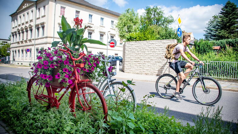 Dieses mit Blumen geschmückte Doppelrad steht in Roßwein an der Ecke Döbelner/Untere Weinbergstraße. Passanten schauen da gern ein zweites und drittes Mal hin. Dank pfiffiger Helfer konnte Bauhofchefin Monika Weigel ihre Idee verwirklichen.