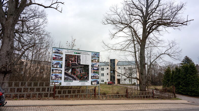 Auf einem großen Plakat an der Leipziger Straße in Hartha wird für Eigenheim-Bauplätze geworben. Doch nicht alle Grundstücke sind laut Bebauungsplan für solch ein Vorhaben ausgelegt.