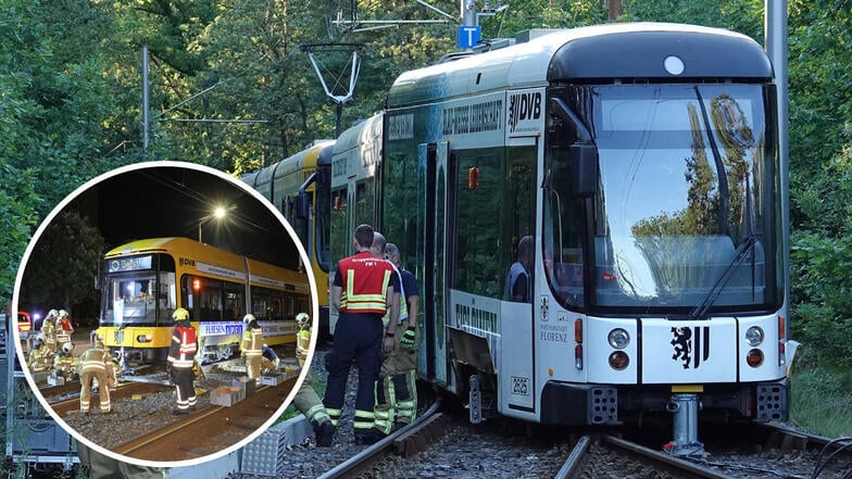 Sowohl in Klotzsche (gr. F.) als auch in Gorbitz musste  die Dresdner Feuerwehr Straßenbahnen wieder ins Gleis setzen.