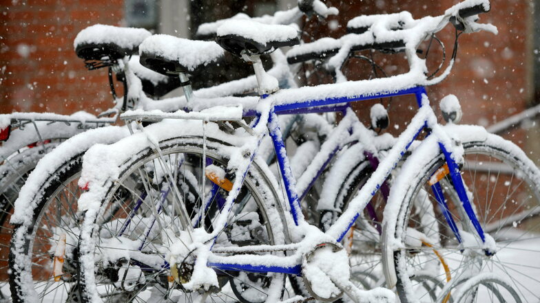 Diese Fahrräder in Zittau machen auch eine Winterpause und lassen sich zuschneien.