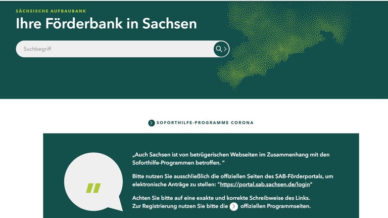 Die Website der Förderbank in Sachsen. Betrüger haben die Seite kaum merklich verändert, um mit der "Fake-Seite" Daten von Unternehmen abzugreifen.
