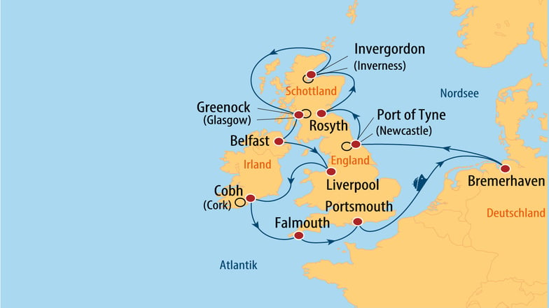 England - Irland -
Schottland: Rund um Großbritannien vom 6.10. bis 19.10.25 für 14 Tage mit der MS ARTANIA/Phönix