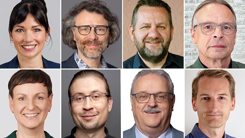 Direktkandidaten zur sächsischen Landtagswahl 2024 im Wahlkreis 53: Elaine Jentsch, Matthias Höhle, Matthias Schniebel und Ralf-Peter Hechtberger (oben v.l.) sowie Ines Enns, Jurij Bulang, Günter Hutschalik und Marcus Carsten Fuchs (unten v.l.).