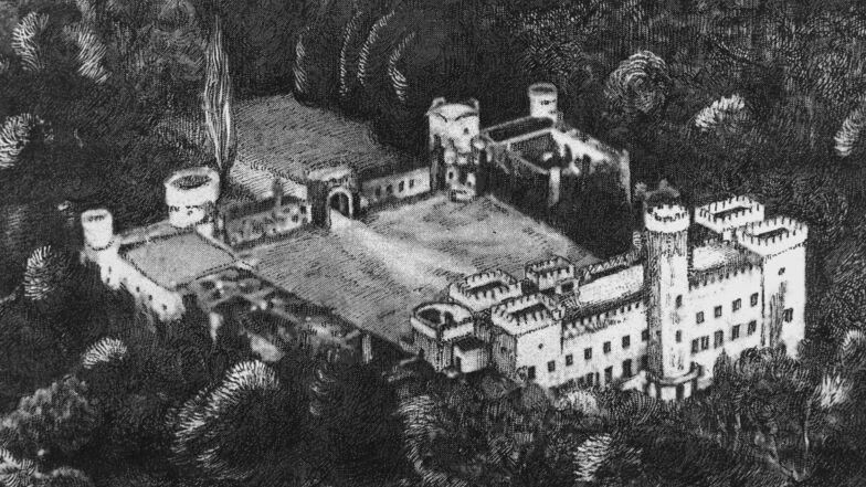 Luftaufnahme Anfang der 1930er-Jahre. Felix Graf von Luckner ließ das väterliche Schloss von Altfranken im englischen Tudorstil gestalten. Weil vom NS-Regime als undeutsch empfunden, wurde der Bau 1938 abgerissen.