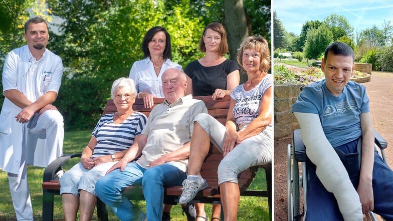 Für Steffen Ottos (r.) Genesung war Teamwork nötig: Seine Eltern Heidemarie und Hans Otto (M.) bedanken sich beim Krankenhaus und den Mitarbeitern der Wohnstätte in Arnsdorf.