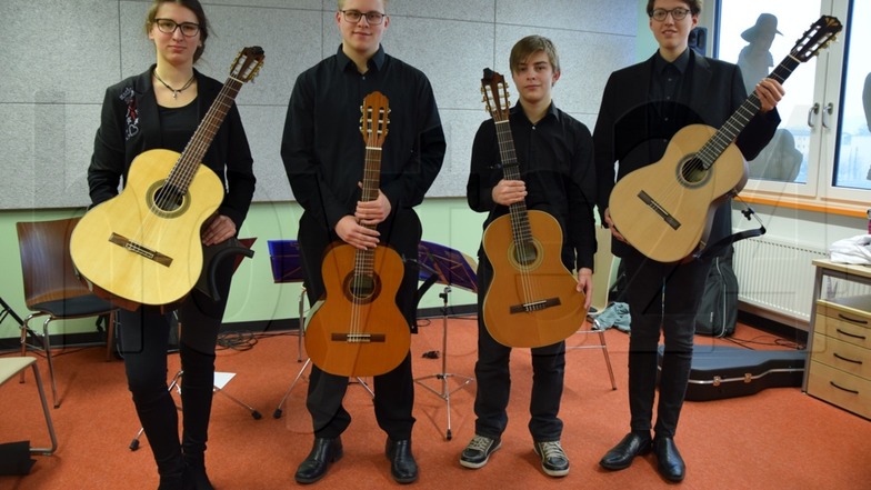 Marleen Lorenz, Fabian-Karl Schulze, Maximilian Kerk und Karl Kaufmann bilden das Gitarrenquartett „In venite musica“ und werden Hoyerswerda beim Landesausscheid von „Jugend musiziert“ vertreten.