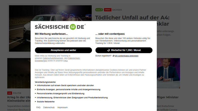 Mit dem Anbieter Contentpass können Sie Sächsische.de ohne Tracking und ohne störende Werbung nutzen.
