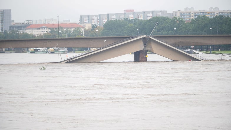 Der eingestürzte Brückenzug der Carolabrücke in Dresden versinkt derzeit im Hochwasser der Elbe. Trotzdem wird weiter um die Zukunft der Brücke gerungen.