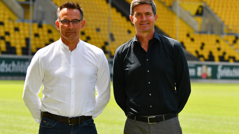 Dynamos neue Führungsriege: Michael Born (r.), kaufm. Geschäftsführer, und der neue Sportgeschäftsführer Ralf Becker sollen das Ziel das Wiederaufstieg in Angriff nehmen.