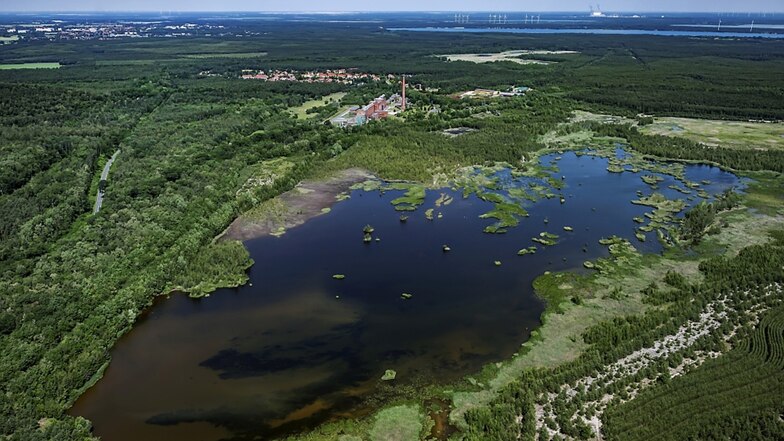 Das Luftbild der Region um die Energiefabrik Knappenrode entstand im Juni dieses Jahres. Im Hintergrund der Scheibesee und (dahinter) der Dreiweiberner See.