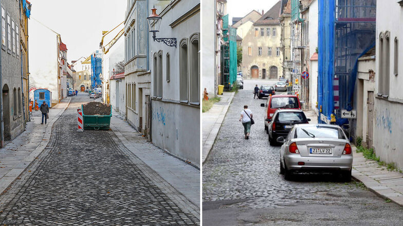 Die Amalienstraße in Zittau nach und vor der Sanierung.