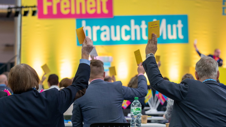Beim Landesparteitag der FDP Sachsen heben Delegierte ihre Stimmkarten bei einem Beschluss.