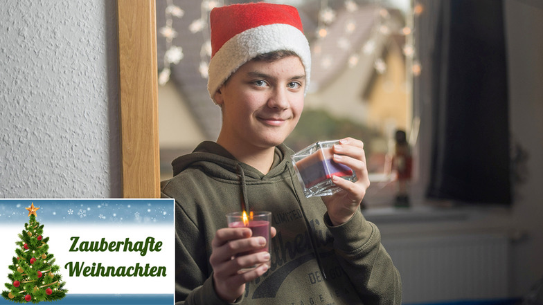 Jonas Wagner (13) aus Nünchritz hat zwei selbst gemachte Kerzen mit Weihnachtsduft in den Händen. Diese hat er zusammen mit seiner Familie hergestellt.