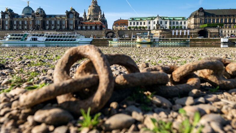 Die anhaltende Trockenheit sorgt für niedrige Pegelstände an der Elbe in Dresden. Sonst mit Wasser bedeckte Steine und Uferzonen sind dadurch sichtbar - besonders an warmen und sonnenreichen Tagen wie in diesem Mai.