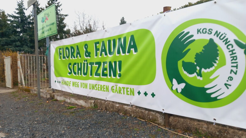Dieses Banner ist seit Kurzem an einem Zaun der Kleingartensparte Nünchritz befestigt. Darauf steht: "Flora & Fauna schützen - Hände weg von unseren Gärten".