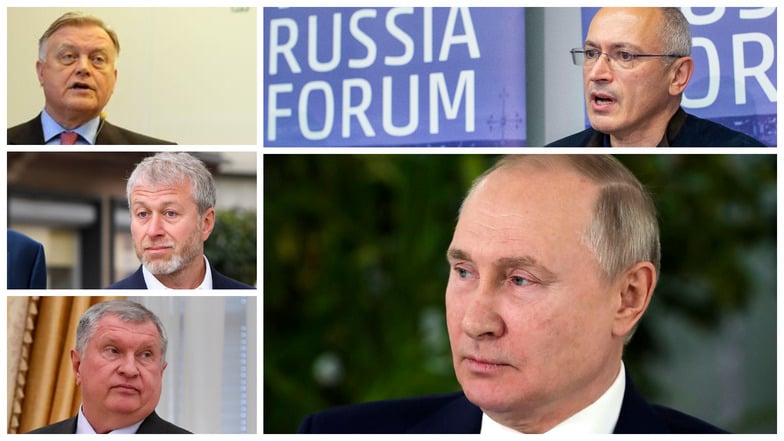 Michail Chodorkowski (oben rechts) legte sich schon vor 20 Jahren mit Wladimir Putin an. Roman Abramowitsch (Mitte links) will sich in Gespräche zwischen Russland und der Ukraine einschalten.