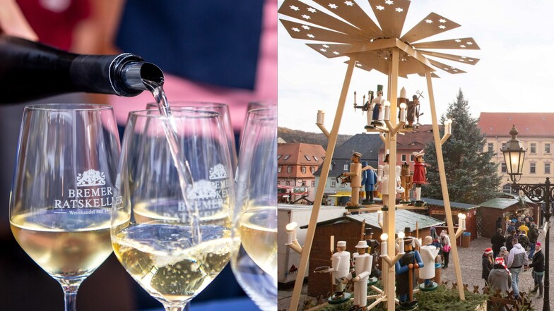 Leckerer Wein in vielen Variationen wird am 18. September beim Weinfest in Roßwein ausgeschenkt. Der Weihnachtsmarkt folgt am Ersten Advent.