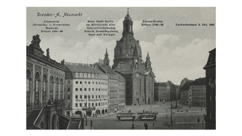 Ein Blick auf die einstigen Fassaden des heutigen Quartier F. Schon damals prägend: die "gebogene" Fassade des Hotels "Stadt Dresden".