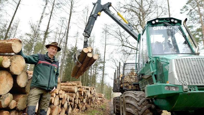 Heiko Müller, der Leiter des Dresdner Staatsforstbetriebes,  zeigt die schwere Waldmaschine, die derzeit im Bereich Klotzsche unterwegs sind.