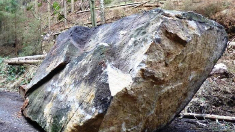 Felsbrocken auf dem Wanderweg: 4,5 Meter lang, 2 Meter breit, 2 Meter hoch.