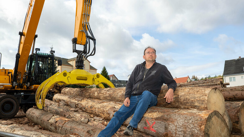 Ein Mann und sein Holz: Thomas Räntzsch, 48, führt das Harthaer Sägewerk in sechster Generation. Um seinen Rohstoff macht er sich zunehmend Sorgen.