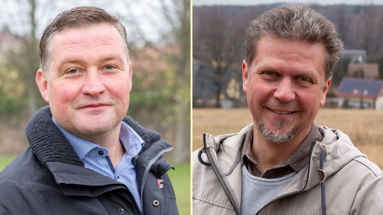 In Laußnitz stehen zwei Kandidaten stehen zu Wahl: Rene Georgi (Freie Wähler, l.) und Bodo Haas (Einzelbewerber).