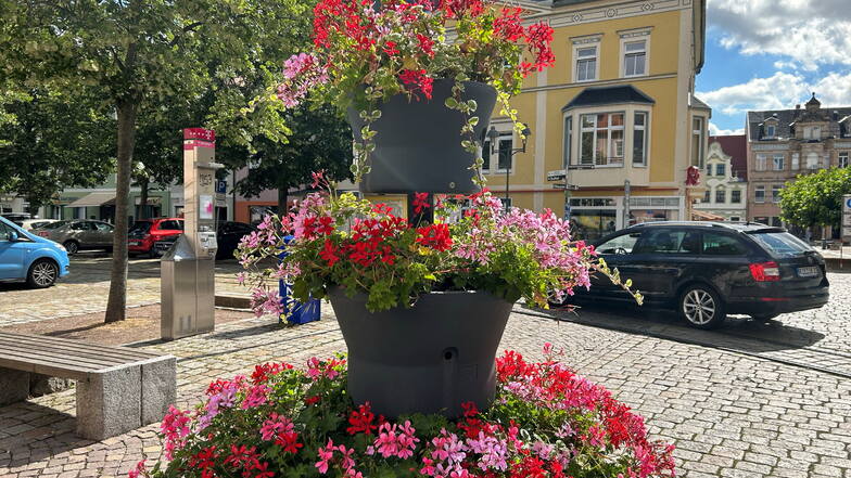 Auf dem Niedermarkt befindet sich einer der drei neuen Flower Tower. Die mehrstöckigen Blumenkübel sind ein Modellversuch.