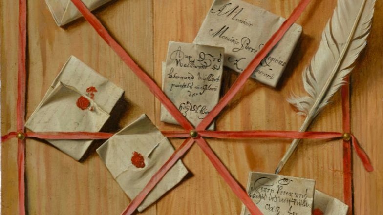Wallerant Vaillant, Ein Brett mit Briefen, Federmesser und Schreibfeder hinter roten Bändern, 1658
