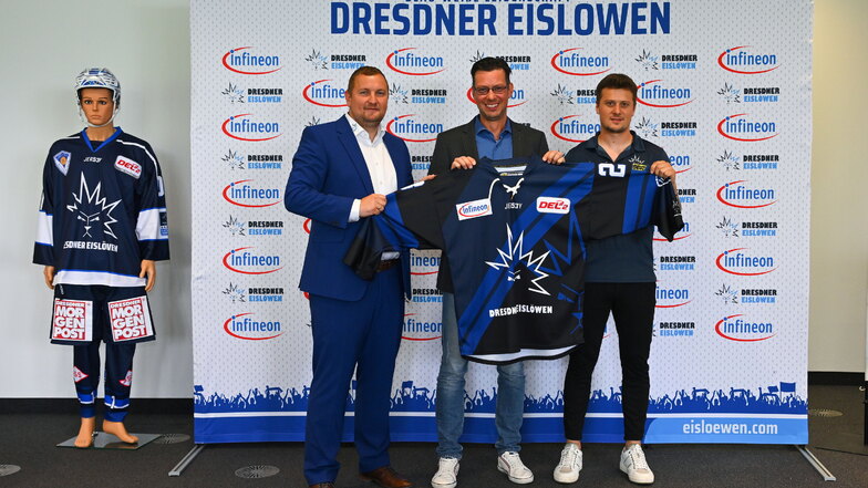 Manager des Chipherstellers Infineon und des Eishockey-Zweitligisten Dresdner Eislöwen präsentieren ihre Partnerschaft im Juni 2023.