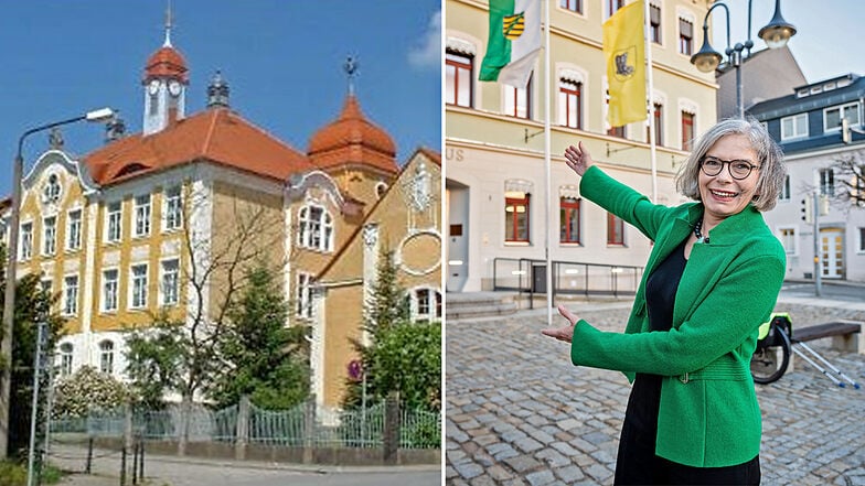 Knackpunkt: An der Grundschule in Pulsnitz muss bauseitig dringend etwas passieren (l.). Pluspunkt: Bürgermeisterin Barbara Lüke freut sich über das sanierte Rathaus.
