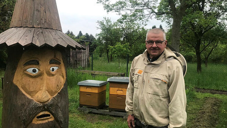 Joachim Belau vor dem ausgehöhlten und verziertem Baumstamm in seinem Garten. Er ist sich sicher, dass ein Bienenvolk aus den Kästen hinter ihm bald schwärmen und hier einziehen wird. Auf den Honig aus diesem Baumstamm freut sich seine Frau besonders.