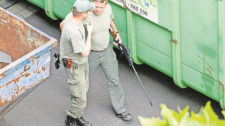 Zooinspektor Helmar Pohle hat das Betäubungsgewehr bereits in der Hand. Vor dem Schuss auf den Elch berät er sich noch mit einem Kollegen.