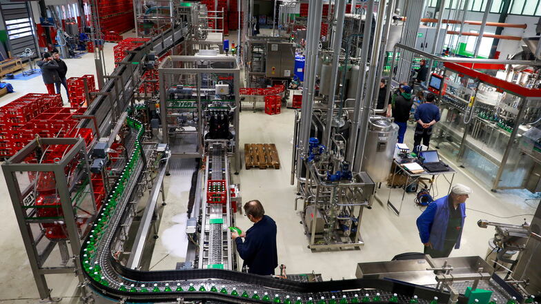 Blick in die Produktionshalle von Menschel-Limo in Großschönau. Seit rund einem Jahr werden die Getränke des ursprünglich aus Hainewalde stammenden Unternehmens hier abgefüllt. Darunter jetzt auch das Tonic Water für den Gin "Der Schwatte" von Dynamo-Idol