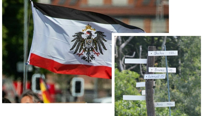 Dieser Wegweiser (unten rechts) ist auf einem Privatgrundstück in Hilbersdorf zu sehen, Flaggen wie diese beispielsweise in Königshain.