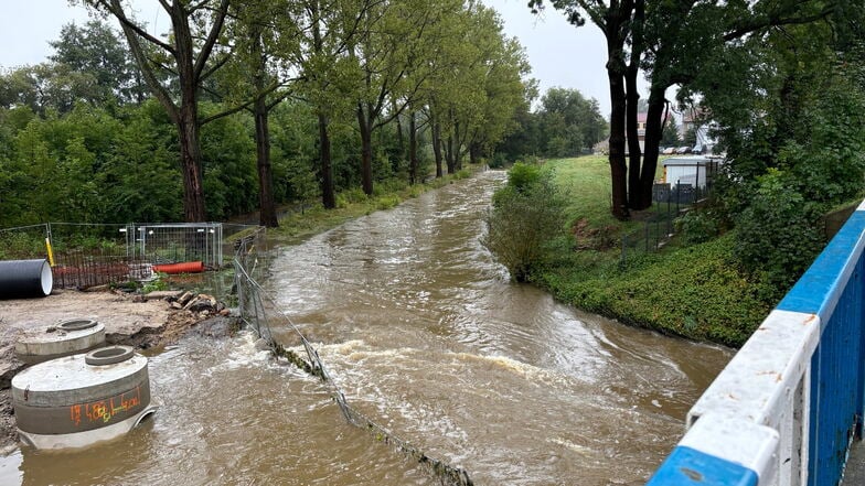 Das Flüsschen Czerwona Woda in Zgorzelec am Montagvormittag, noch immer läuft es aus seinem Bett.