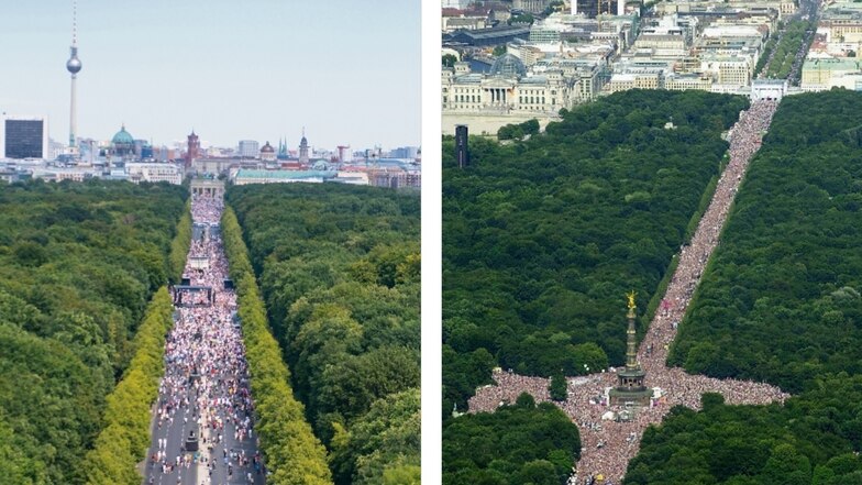Links: Die Straße des 17. Juni in Berlin ist während der Demo gegen die Corona-Maßnahmen nicht annäherend gefüllt. Im Internet kursiert dagegen das rechte Foto, das deutlich mehr Menschen zeigt. Die Masse füllt selbst den „Großen Stern“ um die