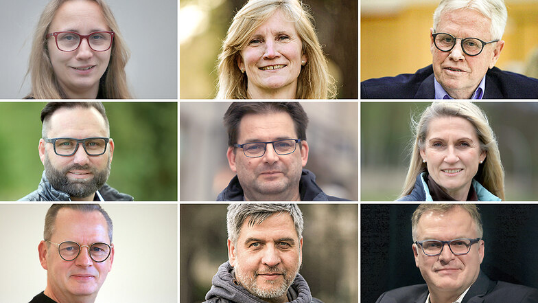 Die Spitzenkandidaten (v.l.o. nach r.u.): Ina Richter (Linke), Maria Giesing (Grüne), Bodo Herath (AfD), Ronny Kürschner (PB), Ralf Wätzig (SPD), Kathrin Dollinger-Knuth (CDU), Ralf Thiele (FW-WfP), Lutz Richter (BSW) und Einzelkandidat André Liebscher.