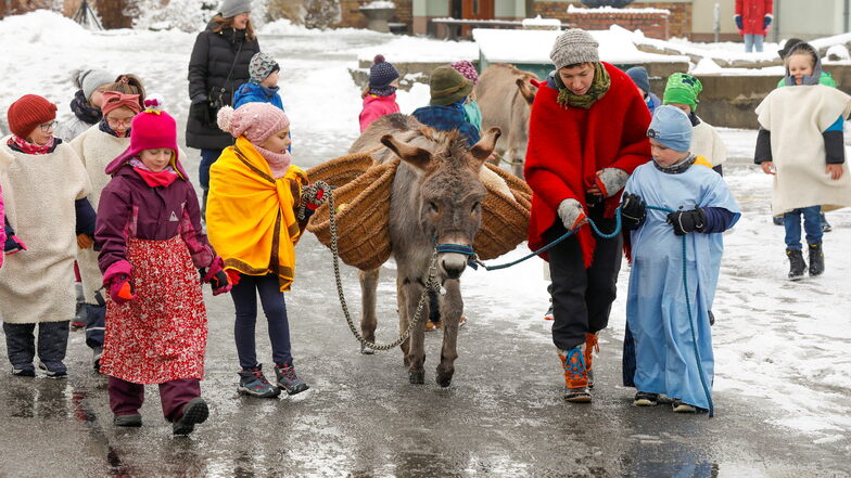 Gemeindepädagogin Anke Eichhorn holte die Schüler mit Eseln von der Schule ab und ging mit ihnen zum Stall.