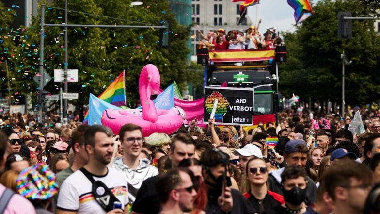 Auf einem Plakat eines CSD-Teilnehmers wird ein Verbot der AfD gefordert.