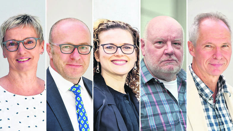 Das sind die Spitzenkandidaten in Neustadt: Dr. Silke Benusch (NfN), Matthias Mews (CDU), Anikò Thomas (Freie Wähler), Lothar Hoffmann (AfD), Peter Jung (BSW) (v. l.).