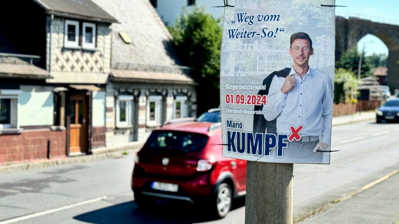 Ein Wahlplakat von Mario Kumpf in Ebersbach-Neugersdorf. Er macht die Notversorgung mit Trinkwasser zum Thema.