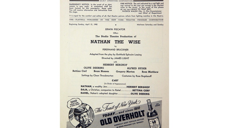 Ankündigung für den „Nathan“ am Brodway. Die Hauptrolle spielte Herbert Berghof, der 1939 vor den Nationalsozialisten in die USA emigrierte.